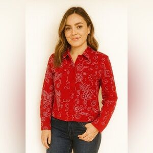 Joni B. Red Floral Embroidered Button-Up Shirt Women’s Small